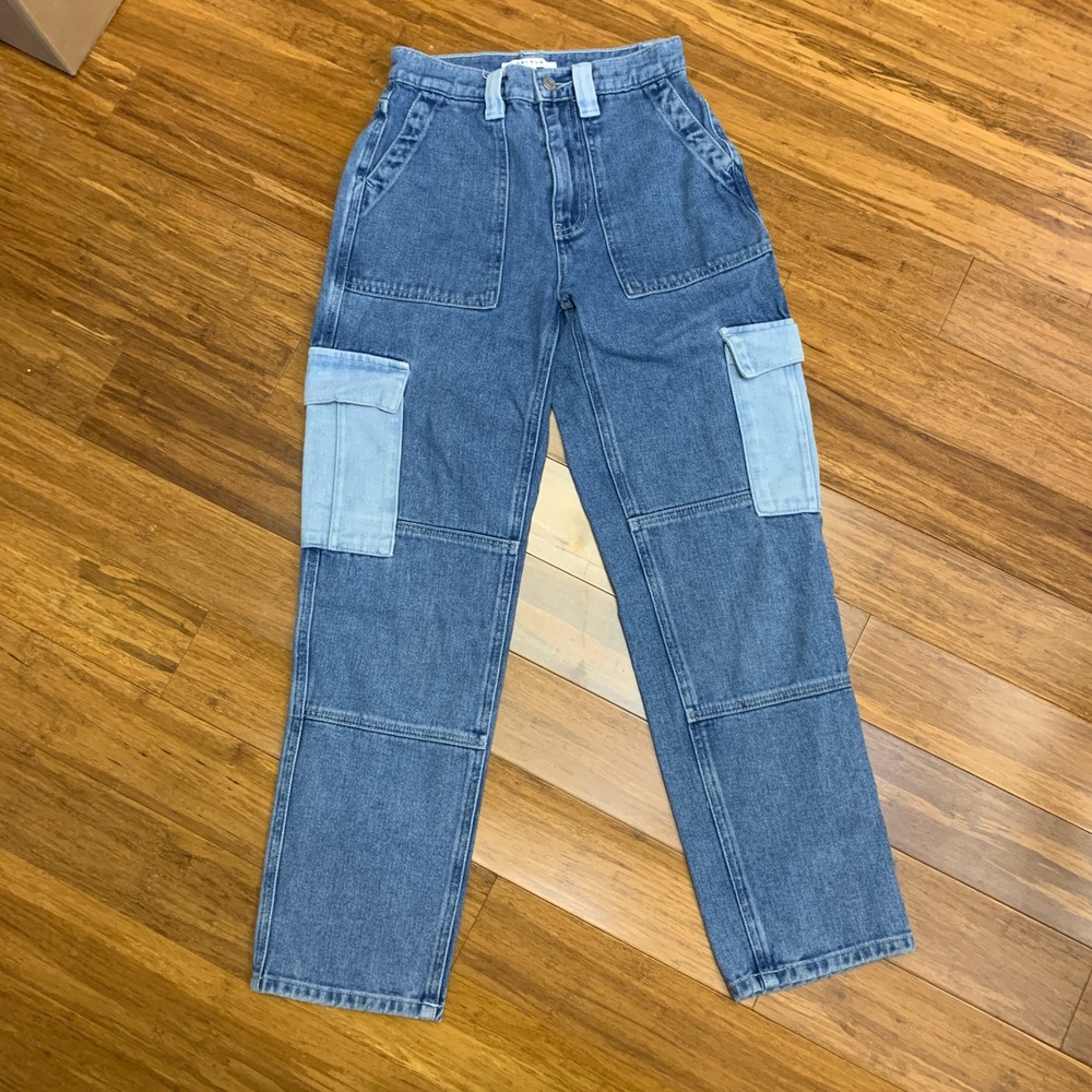 Pacsun Denim Cargo Pants Women Size 23 Two Tone Pockets High Waist Jeans Utility
